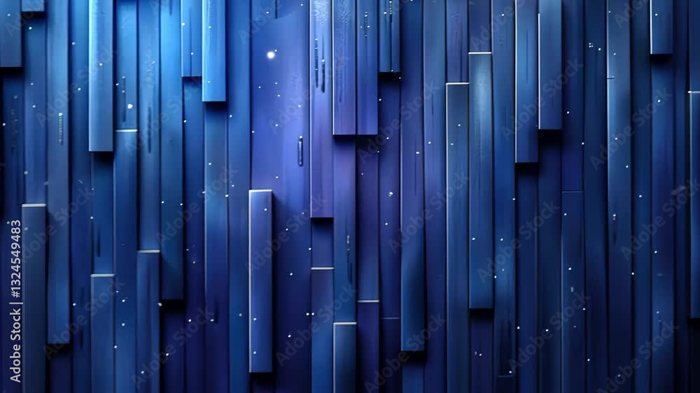 Poster abstract, deep blue, geometric wall. vertical, rectangular blocks create a dynamic pattern. slight v