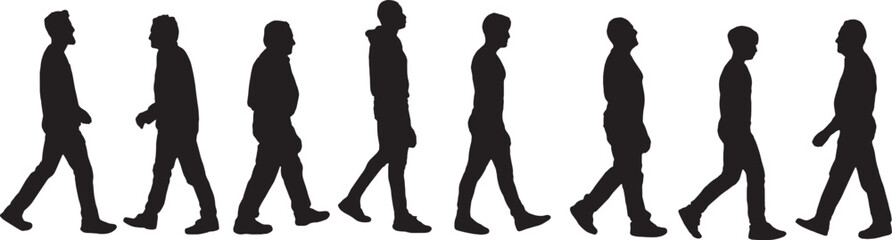 vector; silhouette of side view of a large group of men walking