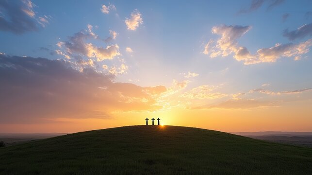 Three crosses stand in silhouette against the vibrant colors of an epic sunset creating a serene and contemplative landscape