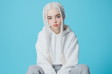 White two braid haired teenage girl in white hoodie, blue background