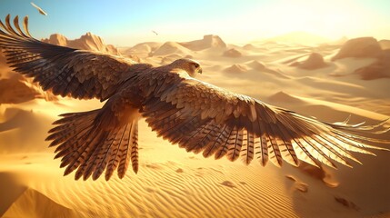 Naklejka premium Majestic Golden Eagle Soaring over Desert Sand Dunes with Dramatic Wingspan against Sunset Sky in Wildlife Conservation Photography