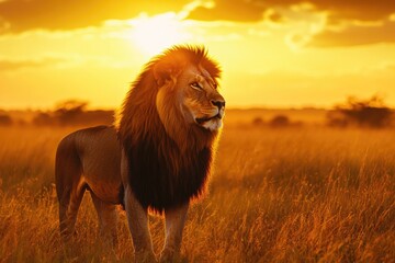 Lion Standing Field Sunset