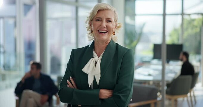 Face, confident manager and business woman, chief investment officer and leader at hedge fund. Mature ceo, portrait and financial executive, company director and happy professional with arms crossed