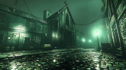 Rainy alleyway, dark church