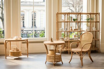 Obraz premium Scandinavian inspired modern interior with bright glass display cases and cozy light wood table