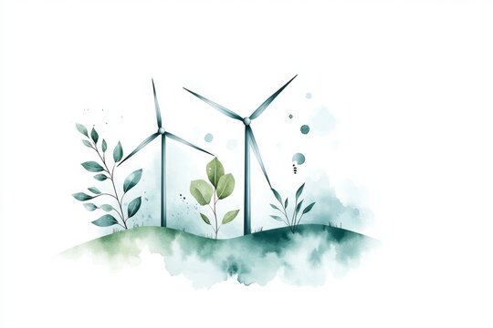 A dreamy watercolor scene of wind turbines on rolling hills, with a light footprint subtly visible in the clouds above