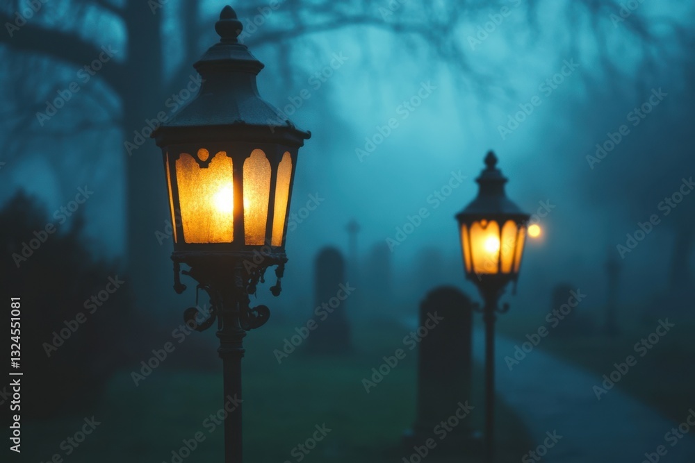 Poster this photo captures a simple scene of two lights attached to a pole glowing lanterns illuminating a 