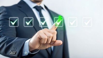 Businessman tick correct sign mark for document approve , project acceptance and quality assurance concept, Take an assessment, questionnaire, evaluation, online survey online exam.