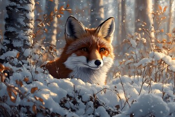 Fototapeta premium Curious fox peeking from behind a snow-covered bush in a tranquil winter forest – Generative AI