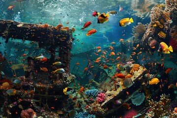 Fototapeta premium Colorful marine life swimming among coral and a shipwreck in clear tropical waters during daylight hours