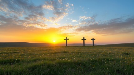 Three crosses stand silhouetted against a breathtaking sunset sky creating a serene and contemplative scene in the tranquil countryside