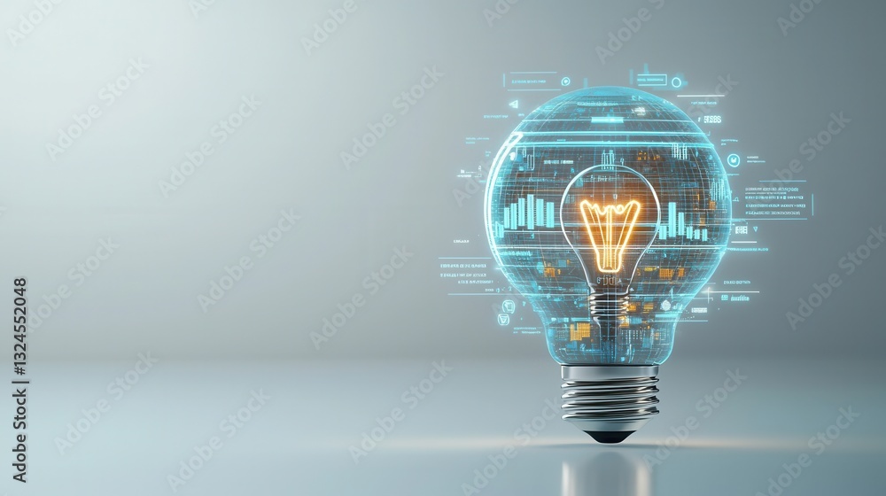 Poster detailed three dimensional rendering of a glowing incandescent lightbulb surrounded by futuristic di