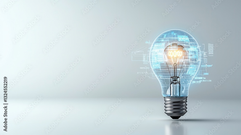 Poster this image presents a detailed 3d rendering of a luminous lightbulb symbolizing innovation creativit