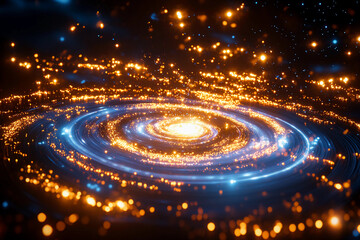 Swirling vortex of cosmic light with glowing dust particles spiraling in a graceful celestial dance, evoking the beauty of deep space and cosmic wonders