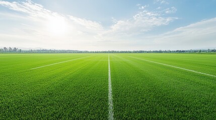 A lush well manicured green field with clear markings ready for sports activities or leisure recreation
