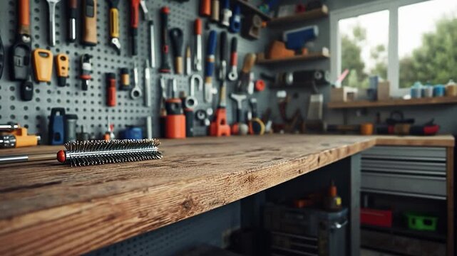 A well-organized workshop with tools on the wall, featuring a wooden workbench in focus