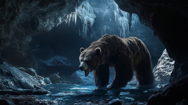 A detailed scene of an extinct cave bear in a dark, icy cave.