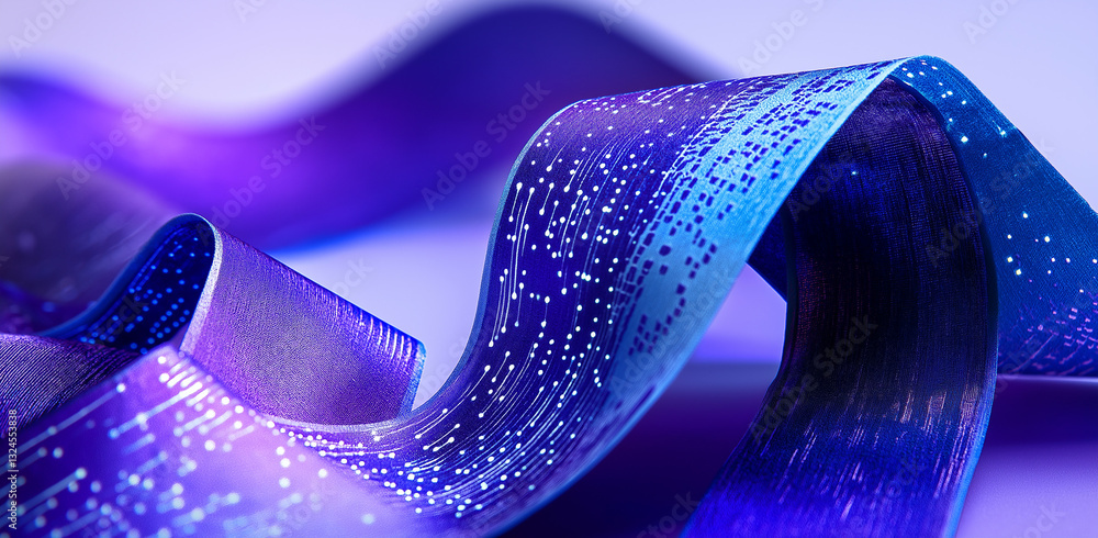 Poster blue ribbon with digital patterns – ai & blockchain in banking and nature, flowing data effect, bina