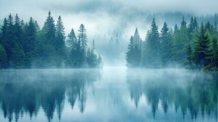Curtains Misty morning lake reflecting a tranquil forest.