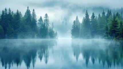 Poster Misty morning lake reflecting a tranquil forest.