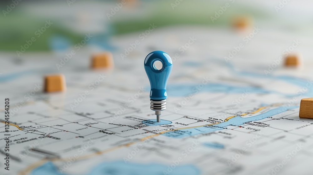 Poster close up view of a bright blue pin or marker placed on a detailed vintage style map indicating a spe