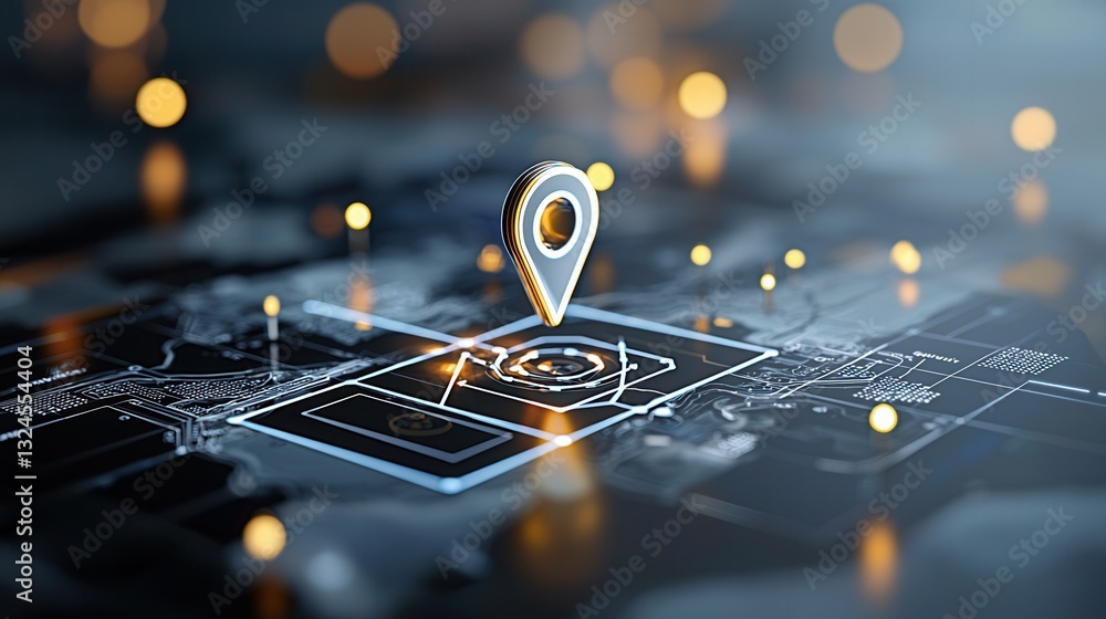 Poster a digital depiction of a highlighted pin or pointer icon placed on a world map representing location