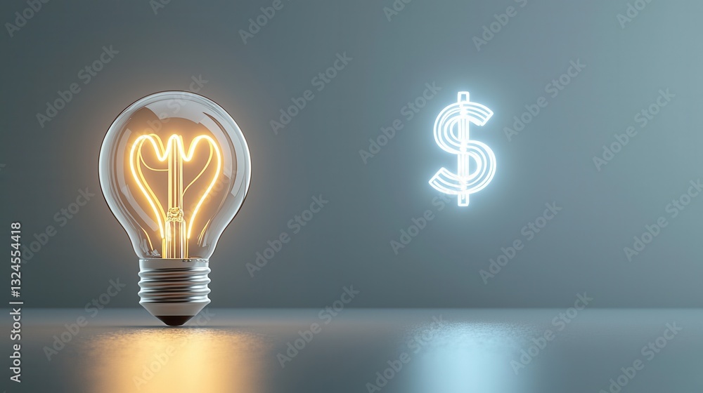 Poster this image features an elegant glowing lightbulb hovering above a minimalist neon like dollar sign s
