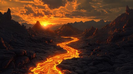 Fototapeta premium Lava river sunset volcanic landscape, fiery background, fantasy art
