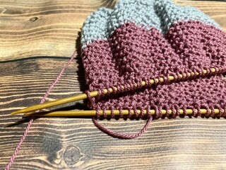 Process of knitting craft handmade hobby clew and needles	
