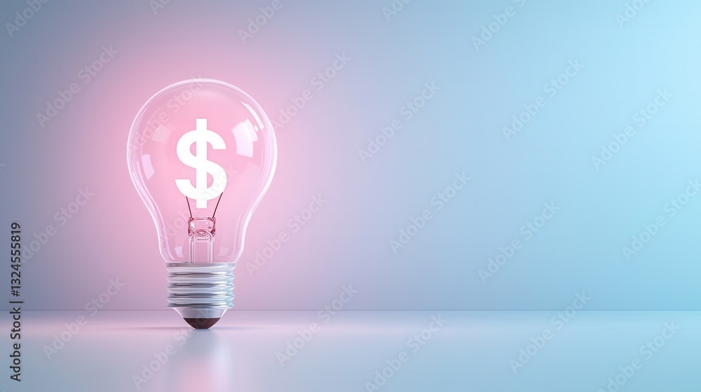 Poster futuristic 3d lightbulb with a glowing dollar sign symbol representing the idea of financial success