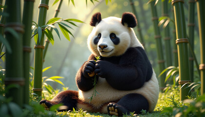 Fototapeta premium Endangered giant panda sitting playfully in a bamboo grove, enjoying a bamboo snack