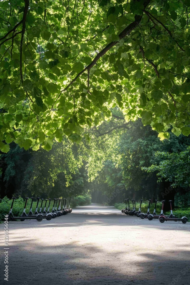 Aufkleber scenic park path with several parked scooters under tree canopy sunlight streaming through leaves cr