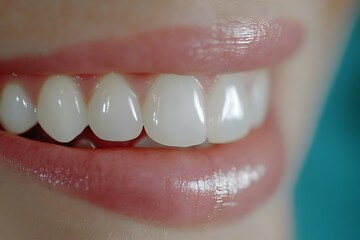 A beautiful female smile with perfect white teeth, enhanced by soft lighting and a fresh blue background.