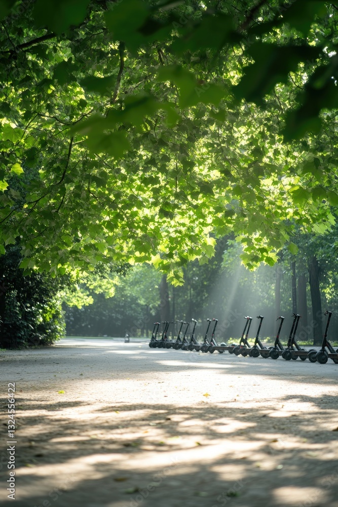 Poster scenic park path with several parked scooters under tree canopy sunlight streaming through leaves cr