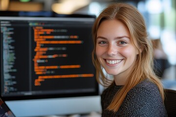 a smiling woman working on a computer with coding on the screen.
