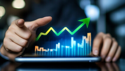 A Confident Hand Points To A Soaring Upward Trend, Symbolizing Growth And Success On A Digital Tablet With Vibrant Blue And Green Hues