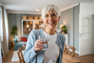 Elderly woman drinking water and looking at camera