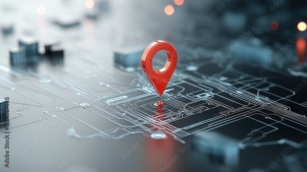 Poster a bright red location marker hovering above a detailed digital map representing the power of gps and