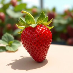 The image is a close-up of a single strawberry with a green leaf on top. The strawberry is in focus, while the background is blurred, but it appears to be a garden with other strawberries and plants. 
