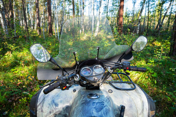 ATV Quad bike parked in a dense forest during a clear day exploring nature's beauty and adventure. All Terrain Vehicle outside