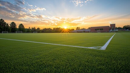 A lush green sports field with white markings is illuminated by the warm golden glow of the setting sun creating a picturesque and serene landscape  category Landscapes