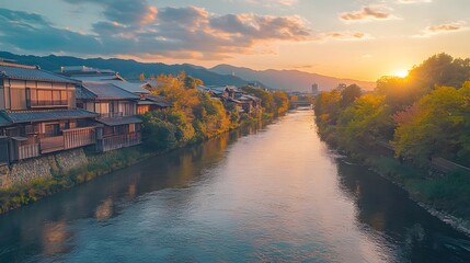 Fototapeta premium Kyoto River Sunset Landscape