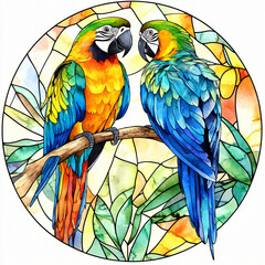 Obraz premium Vibrant macaws in a colorful stained glass artwork nature setting digital illustration tropical environment artistic viewpoint wildlife concept for seo impact