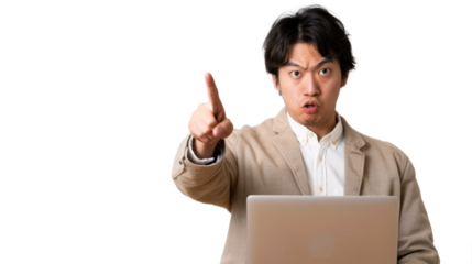 Asian businessman pointing finger at laptop with transparent background