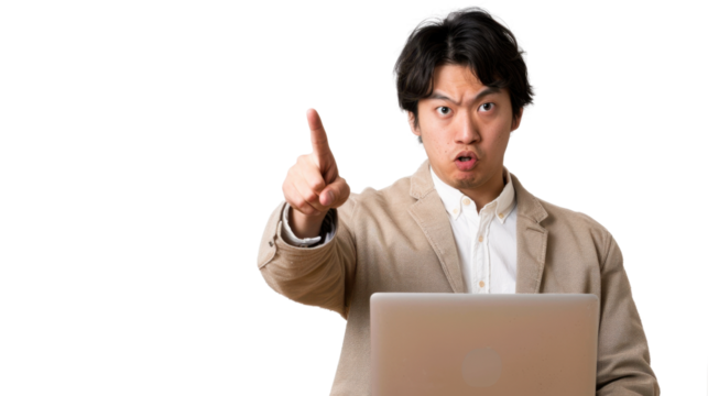 Asian businessman pointing finger at laptop with transparent background