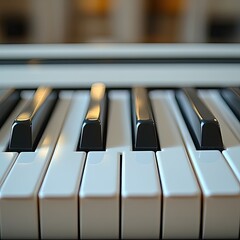 Piano keys close-up. Synthesizer keys. Piano keyboard. Music, play on synthesizer. Black and white keys.