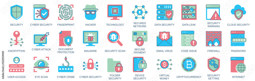 Fototapete cyber security icon set in flat color icons web design. pack pictograms with fingerprint, hacker, te