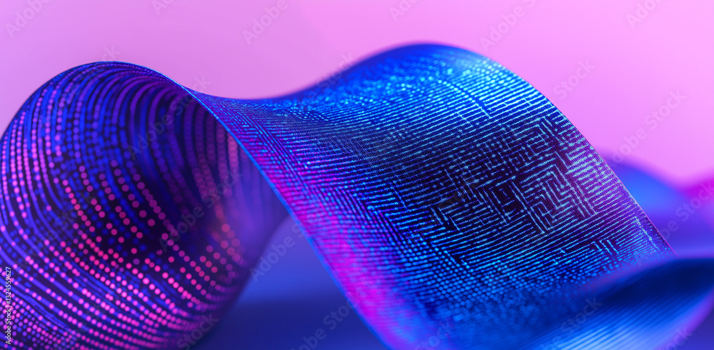 Poster blue ribbon with digital patterns – ai & blockchain in banking and nature, flowing data effect, bina