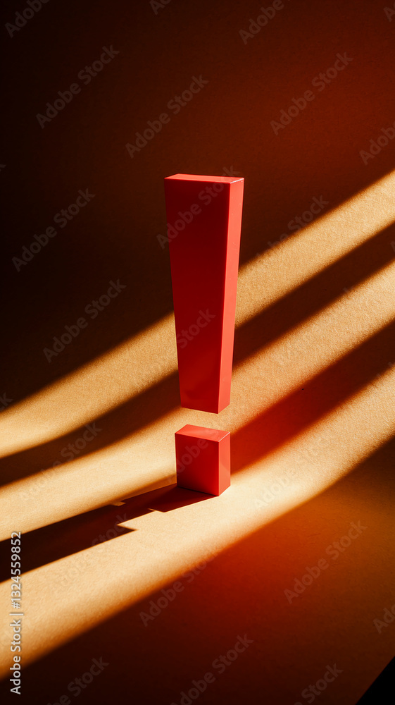 Poster red exclamation mark on brown background, illuminated by sunlight creating strong shadows. symbolic 