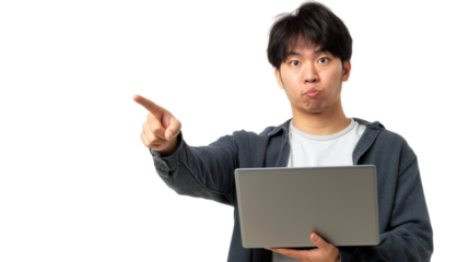 Asian man pointing finger holding laptop transparent background